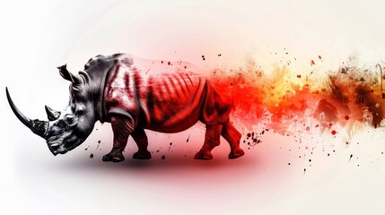   A rhinoceros in front of a red, orange, and black splatter-patterned wallpaper