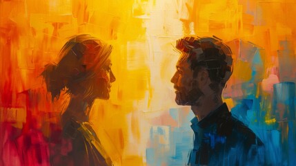 Abstract Encounter Two Figures Gazing at Each Other against Vibrant Orange and Yellow Background