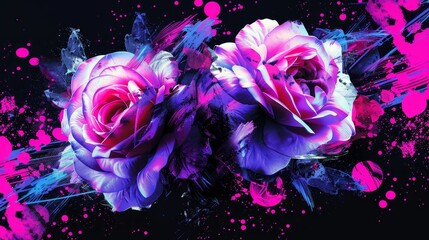   Two pink roses against a backdrop of black, accompanied by pink and blue splatters