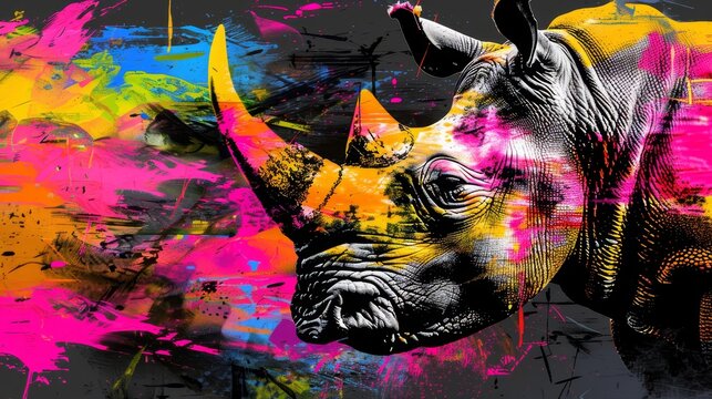   A rhino with vibrant paint splatters on its face against a black backdrop