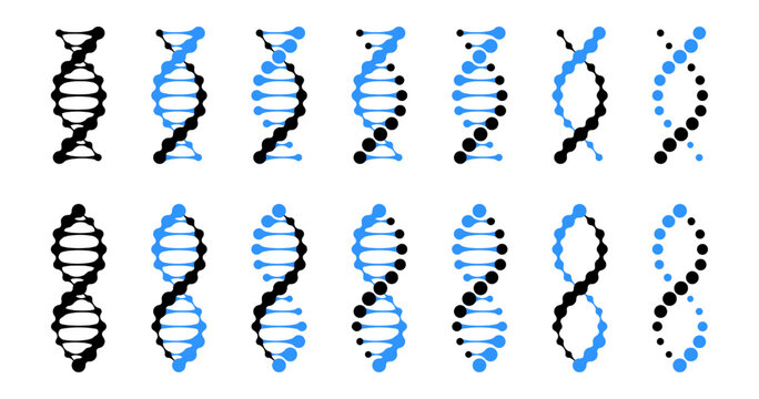 Ribonucleic helix connect to dna spiral. Gene mutation and protein test icon set. Dna molecule model double sequence chain of dots. Cloning and genetic modification technology symbol