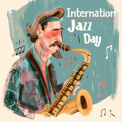 illustration of a musician with a saxophone in flat style with the text "international jazz day"