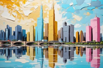 Wall murals Watercolor painting skyscraper Colorful abstract cityscape painting with skyscrapers and vibrant colors, architecture buildings texture design. 