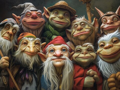 A group of gnomes are smiling and posing for a picture. The gnomes are all different sizes and have various facial features, but they all have a similar expression of happiness