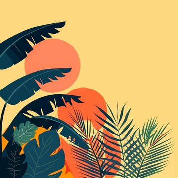 poster with green exotic plants on a light textured background. A retro summer banner for advertising or social networks with botany.