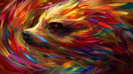   A tight shot of a canine's visage next to a multi-hued painted replica - obrazy, fototapety, plakaty