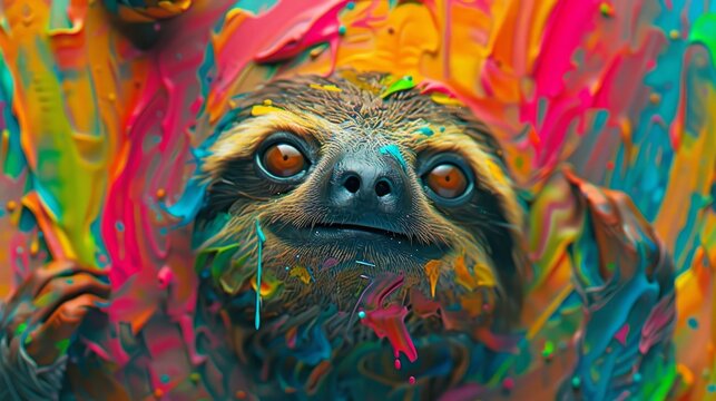   A tight shot of a sloth's face and body, adorned with vibrant paint splatters