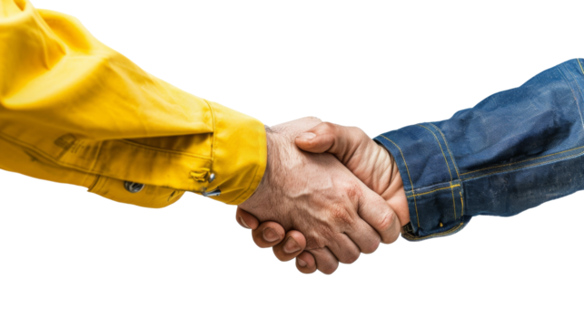 Professional Handshake Against White Background, Two professionals in different attire shaking hands, isolated on a white background, signifying agreement and cooperation. with clipping path
