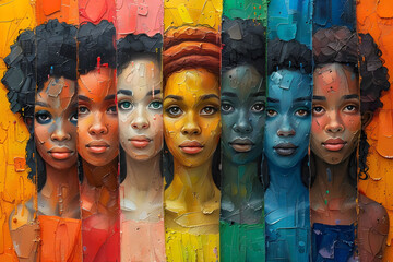 Colorful portrait of women with diverse skin tones blending into a vibrant, textured background reminiscent of a patchwork.