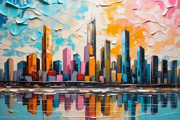 Colorful abstract cityscape painting with skyscrapers and vibrant colors, architecture buildings texture design. 