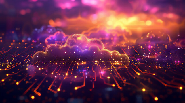 Abstract expression of cloud computing networks featuring circuit-like patterns and neon lights