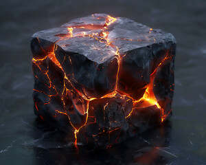 Visualize a volcanic rock cube with bright glowing magma in its cracks Highlight its fiery glow
