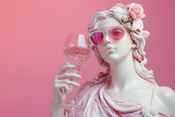 Arrogant portrait of a sculpture of Aphrodite in fashionable sunglasses with wine glass in hand on pastel pink background with copy space
