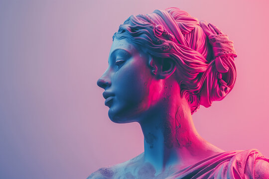Greek antique woman statue in neon light