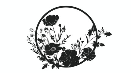 Round label with black and white decorative flowers s