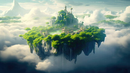 Floating Green Planet Island Amidst Blue Sky and Clouds, Featuring a Small Landscape with a Waterfall, Aerial View of Paradise