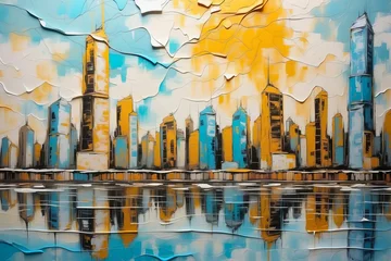 Fotobehang Aquarelschilderij wolkenkrabber Colorful abstract cityscape painting with skyscrapers and vibrant colors, architecture buildings texture design. 
