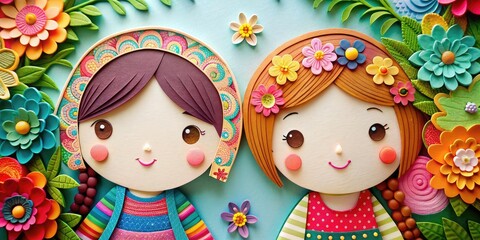 Happy Friendship Day with two cute girls with beautiful flowers, papercut illustration, wishes and greeting, papercut art