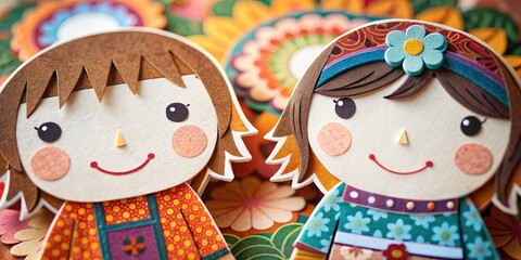 Fototapeta na wymiar Happy Friendship Day with two cute girls with beautiful flowers, papercut illustration, wishes and greeting, papercut art