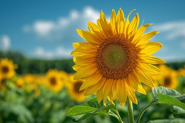 A bright sunflower with large green leaves stands out against the background of an endless field of sunflowers