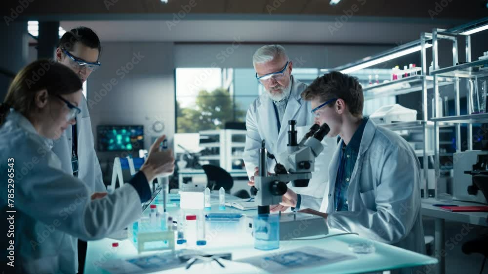 Poster PhD Professor Teaching a Group of Science Students the Basics of Gene Therapy and Biological Engineering. Head of Laboratory Creating Conditions for Practical Education and Technology Demonstration
