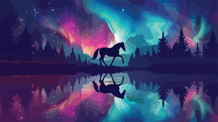 Running horse in park at night. Vector illustration white