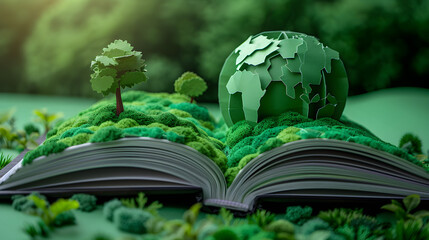 Open book with green paper-style world, promoting environment preservation and eco-friendly concepts. - obrazy, fototapety, plakaty
