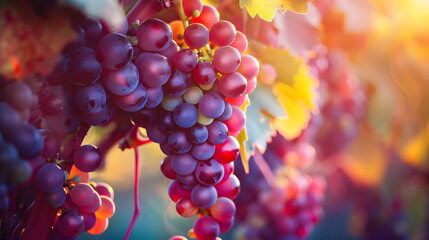 Vineyards at sunset in the autumn harvest. Ripe grapes in autumn. Red grapes hanging from the vine,...