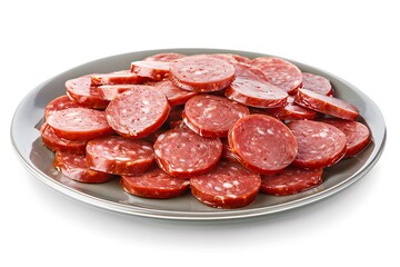 sliced raw smoked sausage isolated on white background