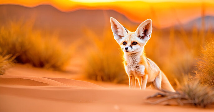 A fennec fox in the desert at sunset, with its large ears and fluffy tail highlighted by the golden light.