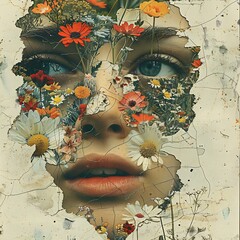 Abstract collage with female face and flowers. Grunge style