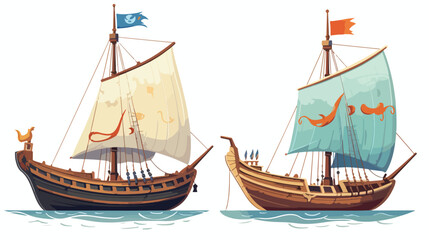Sail boat with wooden deck and cloth masts. Fishing vector