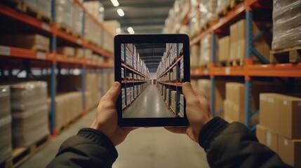 Hands of engineer using a tablet in a logistics center - obrazy, fototapety, plakaty