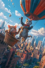 A superhero cat flying over a city, saving a dog in a hot air balloon, comic book style, 