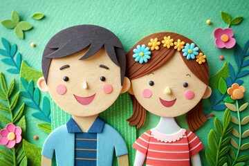 Cute boy and girl celebrating Friendship Day with beautiful flowers, papercut illustration, wishes and greeting, papercut art