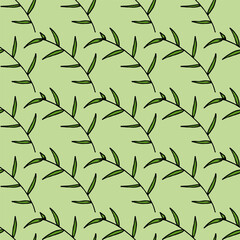Creative seamless pattern with green branches on green background. Vector image.