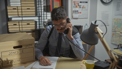 Hispanic man on phone in detective office with files, tie, glasses, lamp, mustache, indoors.