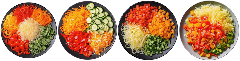 grated summer vegetables on a gray plate top view - obrazy, fototapety, plakaty