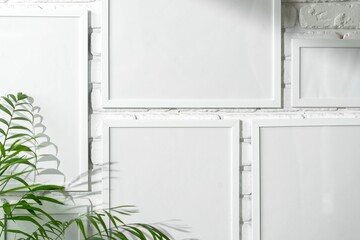 Varied Sized Photo Frames Displayed White Brick Wall 3