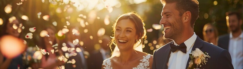 Fototapeta premium Bride and groom walking aisle, smiles, petals in air, soft light, wide angle , 8K , high-resolution, ultra HD,up32K HD