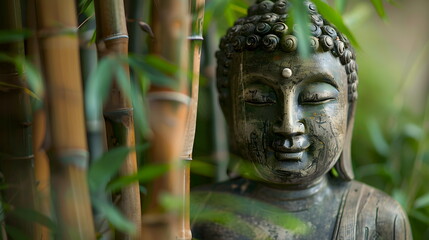 Obraz premium Buddha statue against a background of blurred green bamboo jungle. fresh nature spa wallpaper concept with asian spirit and copy space