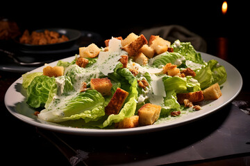 Caesar Salad, Classic and tangy salad with romaine lettuce, croutons, and Caesar dressing