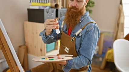 Enthralling irish redhead artist pouring vibrant colors onto his palette in a bustling art academy...