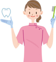 歯ブラシを持つ歯科助手のイラスト　歯科衛生士 虫歯予防