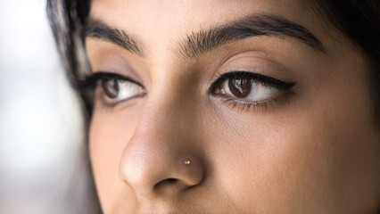 Brown eyes of young 20s Indian woman with eyeliner and mascara on extensional eyelashes. Cropped shot of face. Beauty care female model with makeup, shaped eyebrows, nose stud. Banner shot