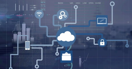 Image of network of connections with icons, computer data processing