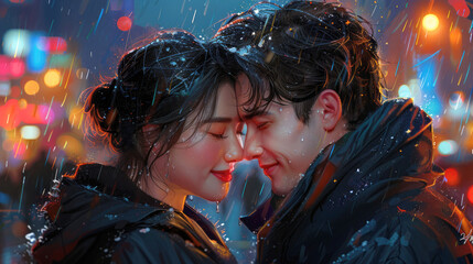 Asian couple in love, attractive man and woman hugging each other in the rain, ready to kiss. Cover of a book about love, illustration for a romance novel.