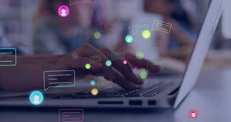 Image of social media icons and data processing over woman using computer