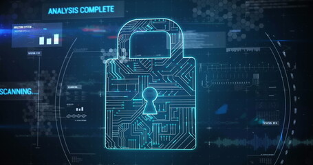 Image of circuit board pattern in padlock, graph and multiple texts over blue background