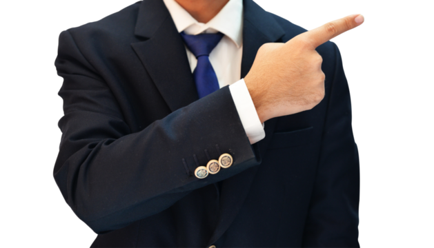 A man in a blue suit pointing toward his right side on an isolated PNG transparent backdrop - Powered by Adobe
